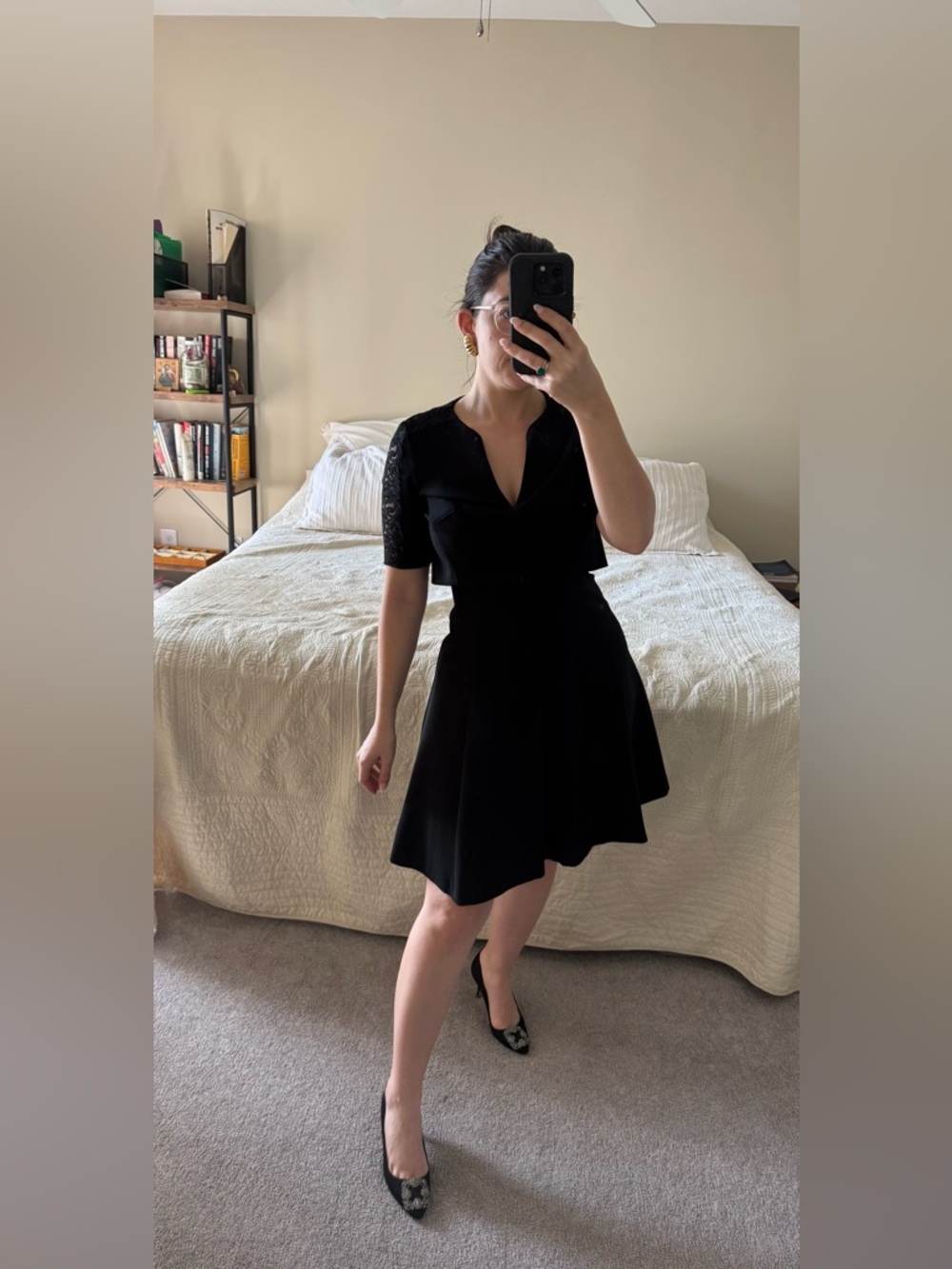 Rebecca Taylor fit and flare little black dress with lace sleeves & vented back